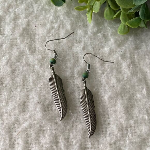 Silver Feather Earrings with Turquoise Bead - Picture 1 of 5